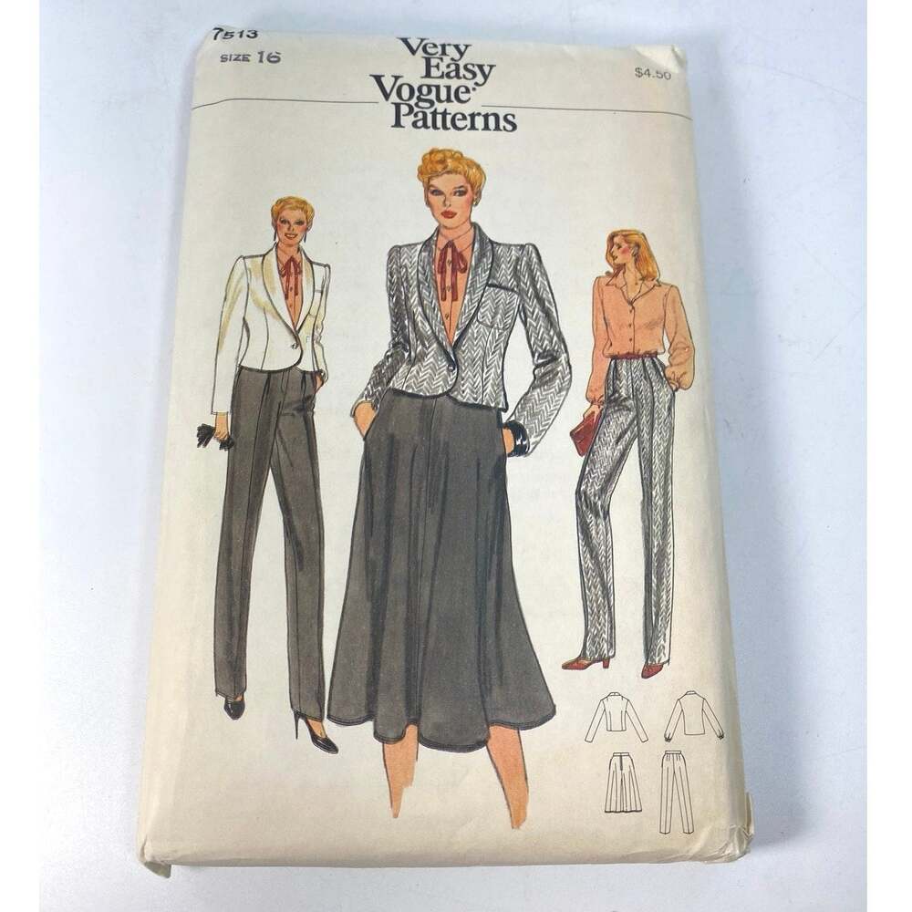 VTG 80s Very Easy Vogue 7513 Miss Jacket Blouse Skirt Pants Pattern Sz 16 UC FF